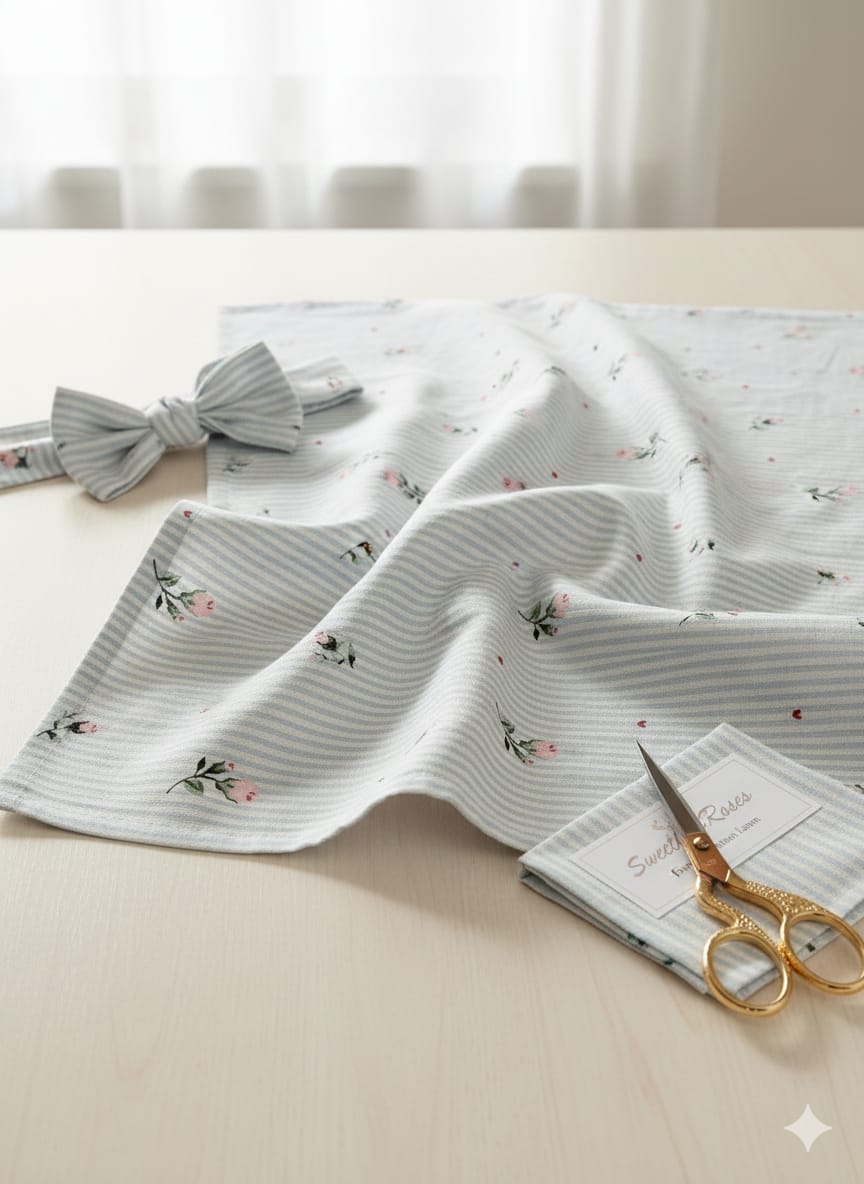 Blue Rose Bud Stripes Cotton Fabric-2 metres