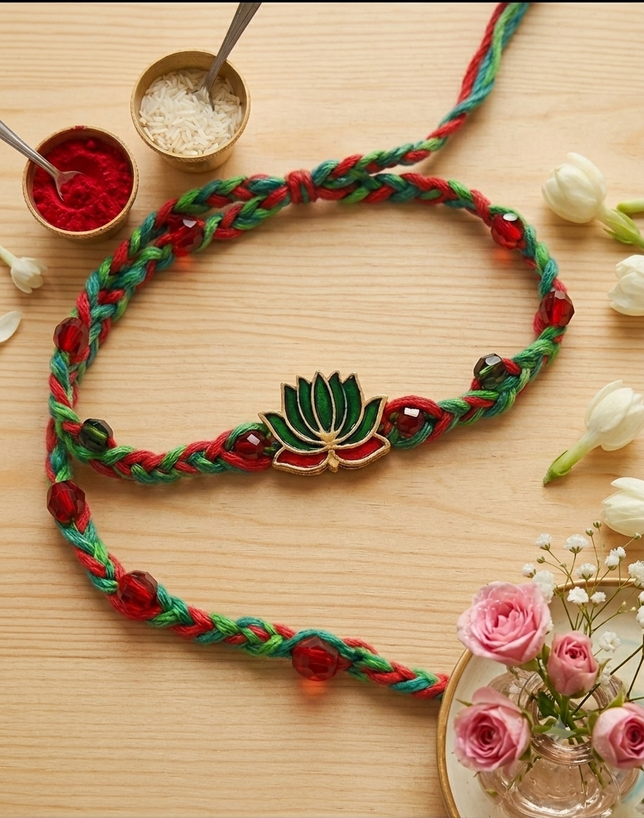 Handcrafted Meenakari Lotus Rakhi with Braided Red and Green Mauli Thread