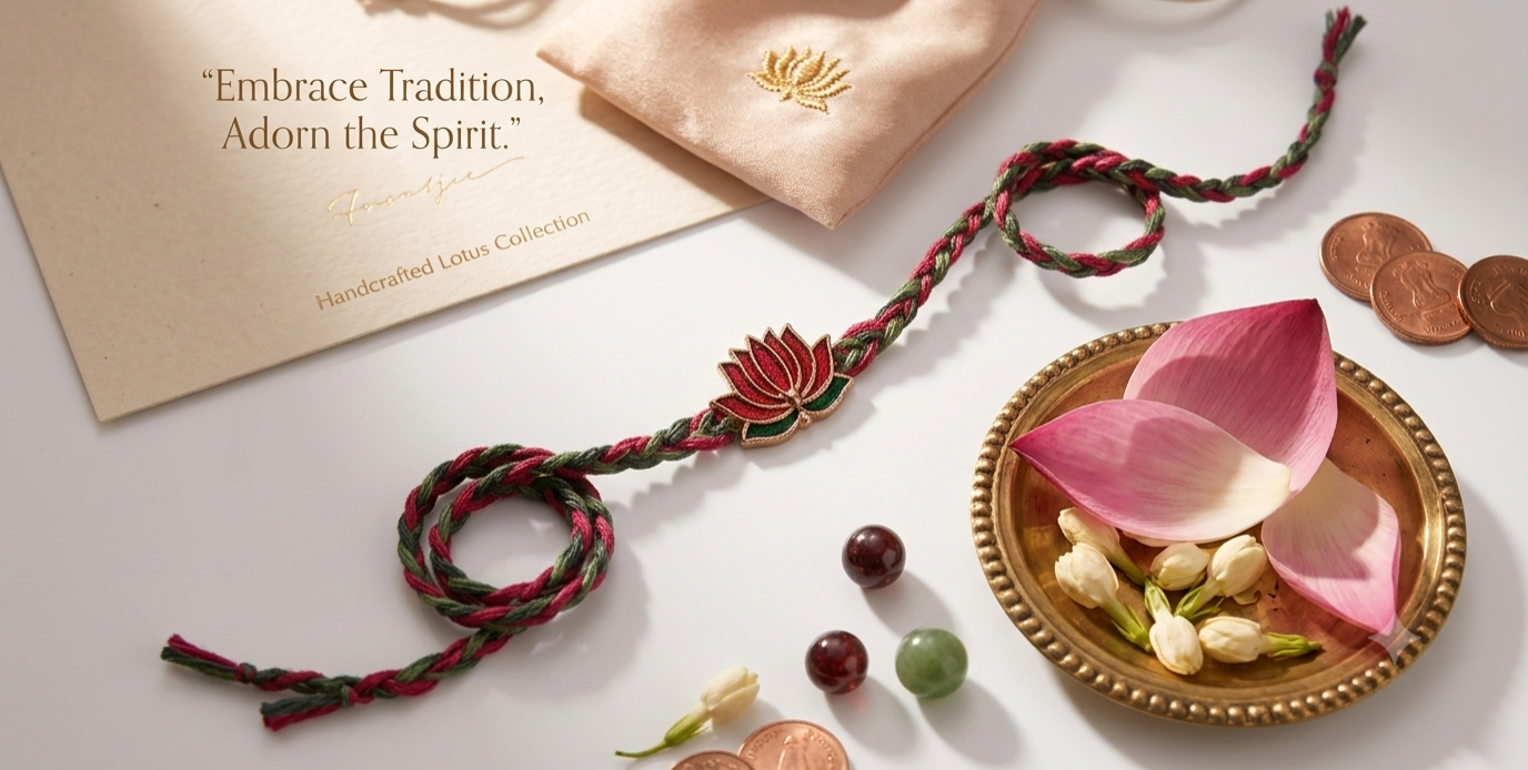 Handcrafted Lotus Rakhi | Elegant Red & Green Braided Rakhi Thread