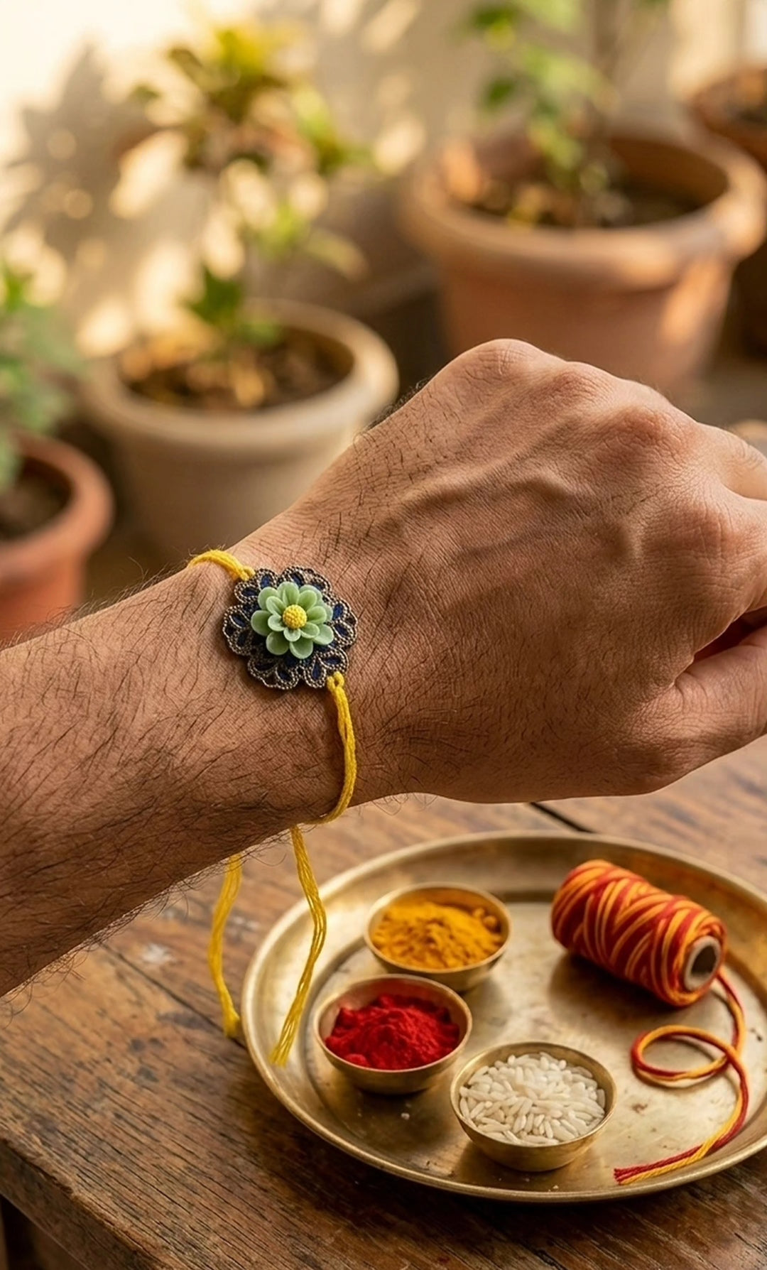 Handcrafted Floral Resin Rakhi with Yellow Thread