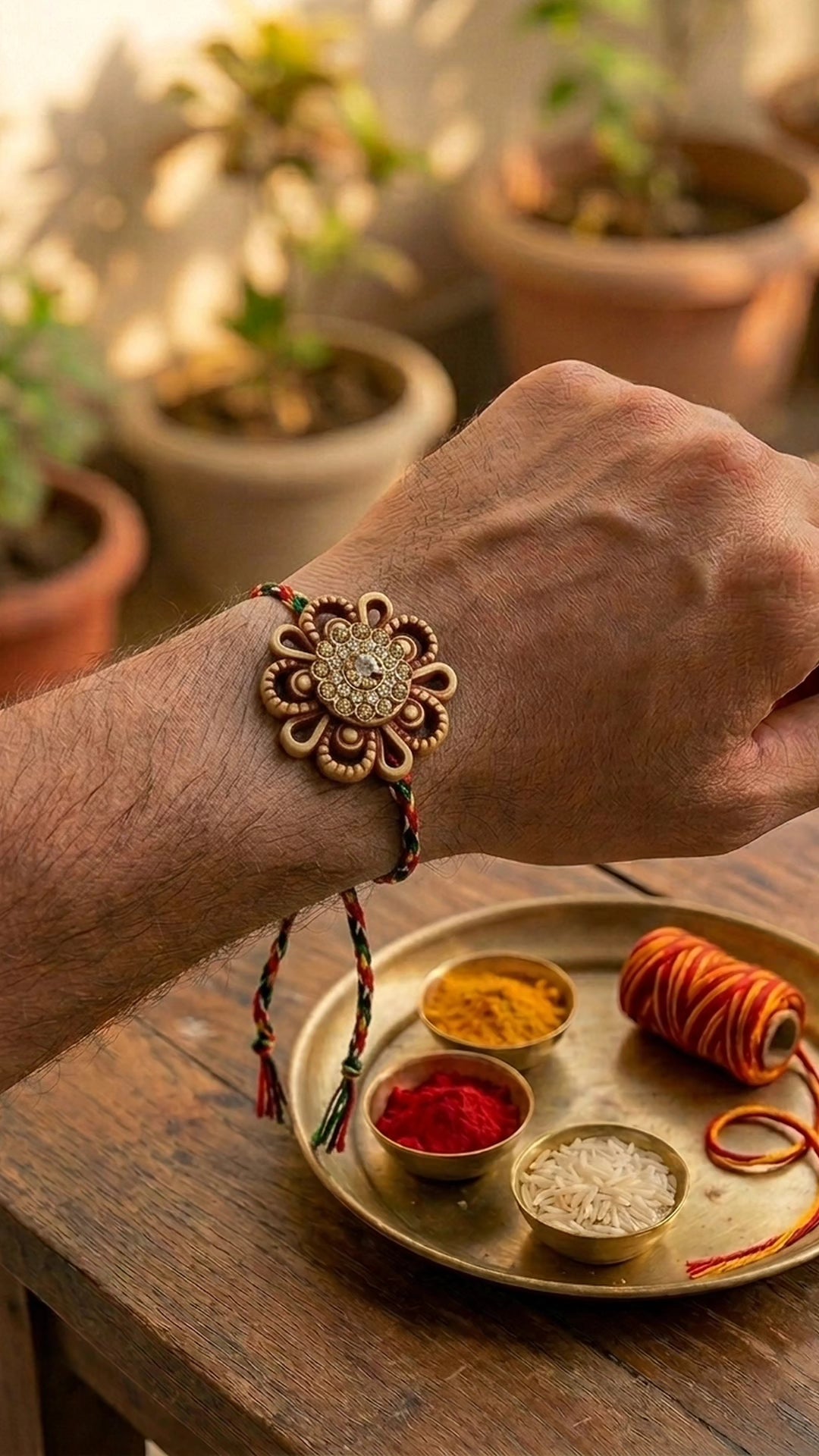 Royal Antique Floral Kundan Rakhi with Braided Resham Thread