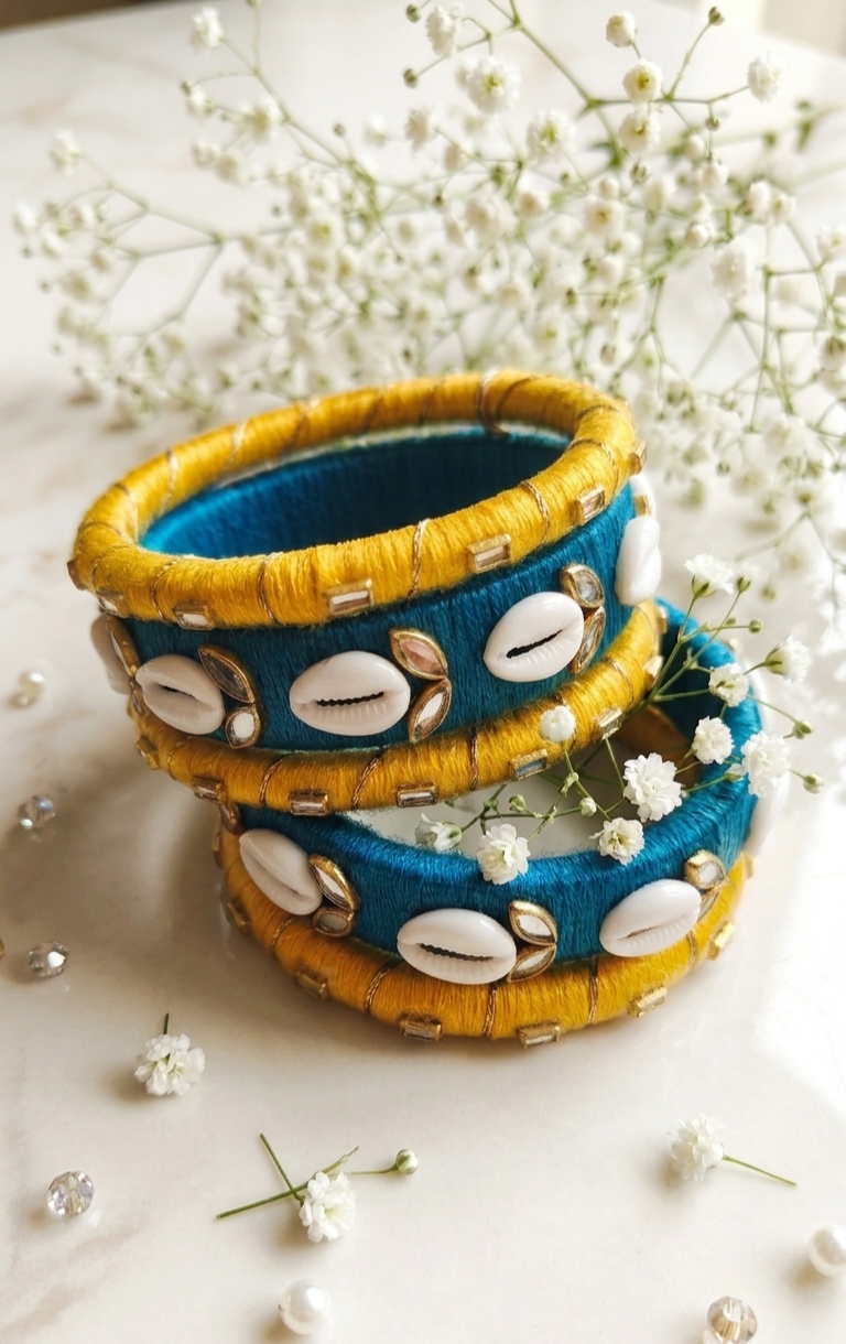 Sun-Kissed Yellow & Turquoise Cowrie Bangle - Set of 6