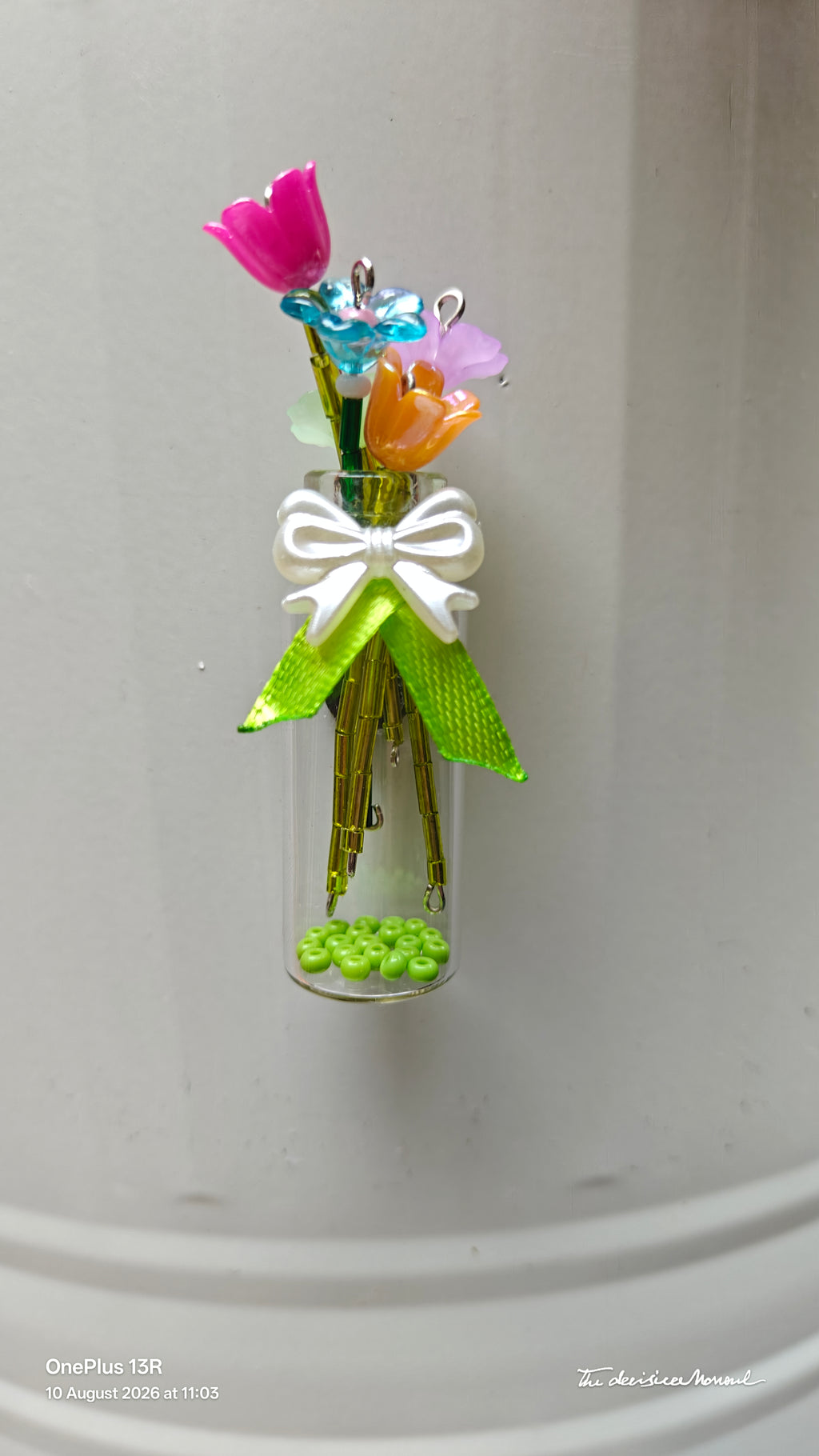 Handcrafted Mini Flower Bouquet Glass Vial Fridge Magnet – Green Floral