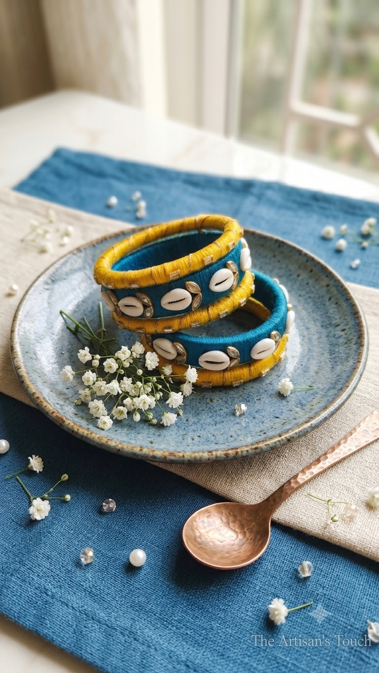 Sun-Kissed Yellow & Turquoise Cowrie Bangle - Set of 6
