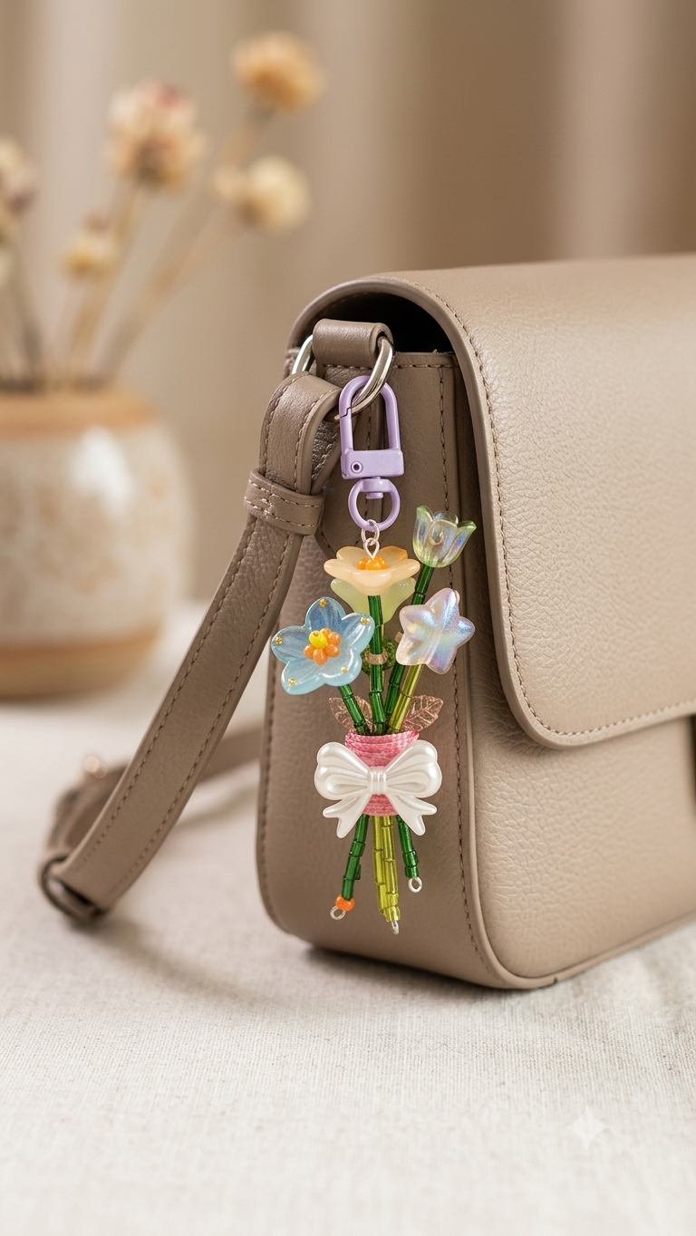 Handmade Beaded Flower Bouquet Bag Charm & Keychain