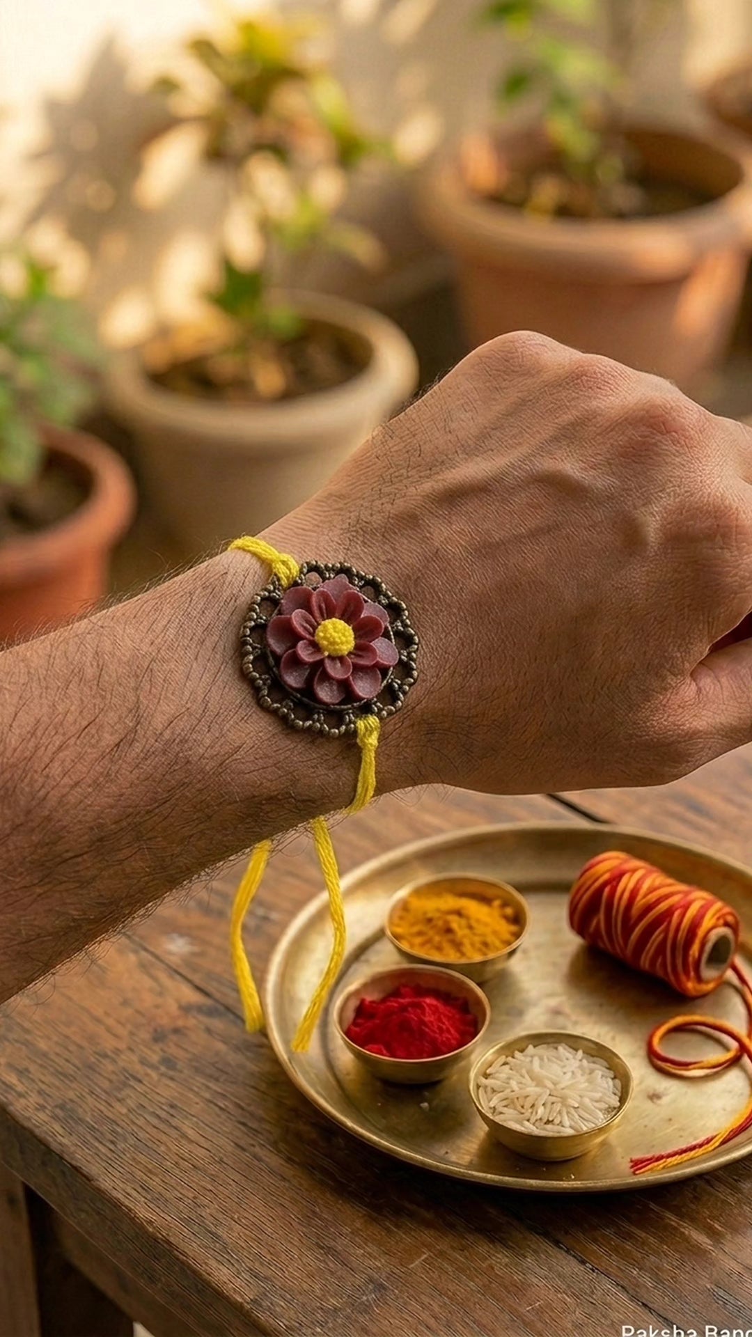 Vintage-Style Floral Metal Rakhi with Maroon Petals
